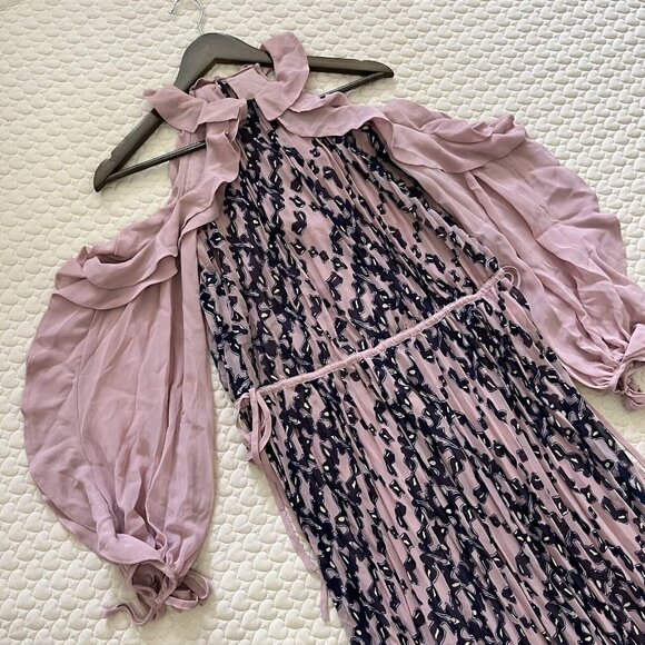 $615 NWT Self-Portrait Printed Frill Balloon Sleeve Pleated Maxi Dress - Picture 6 of 16